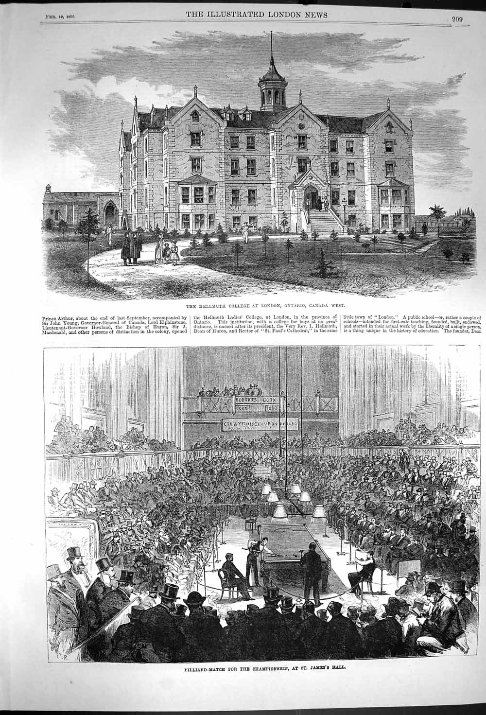 Old Antique Print 1870 Hellmuth College London Billiard St. James'S Hall 19th