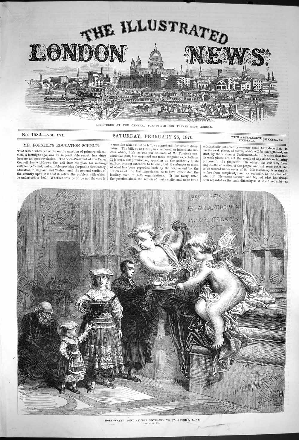 Original Old Antique Print 1870 Holy Water Font Entrance St. Peter'S Rome Italy