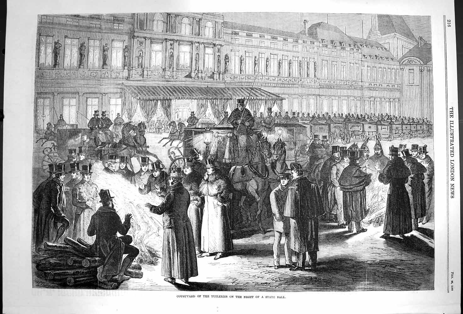 Old Antique Print 1870 Courtyard Tuileries Night State Ball Horses Coach 19th