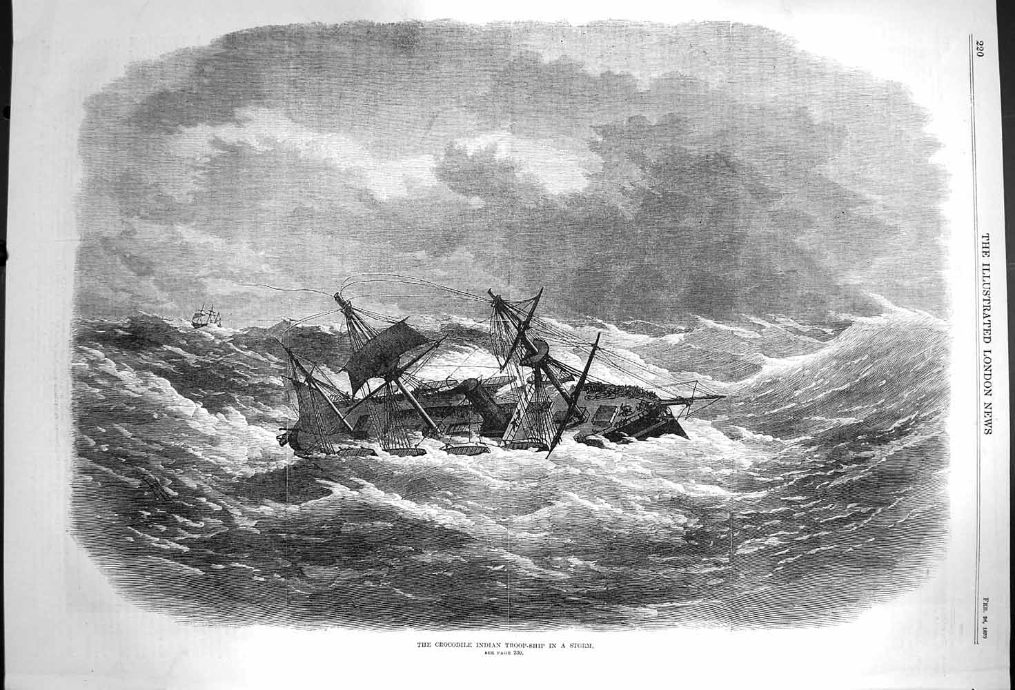 Original Old Antique Print 1870 Crocodile Indian Troop Ship Sea Storm Fine Art