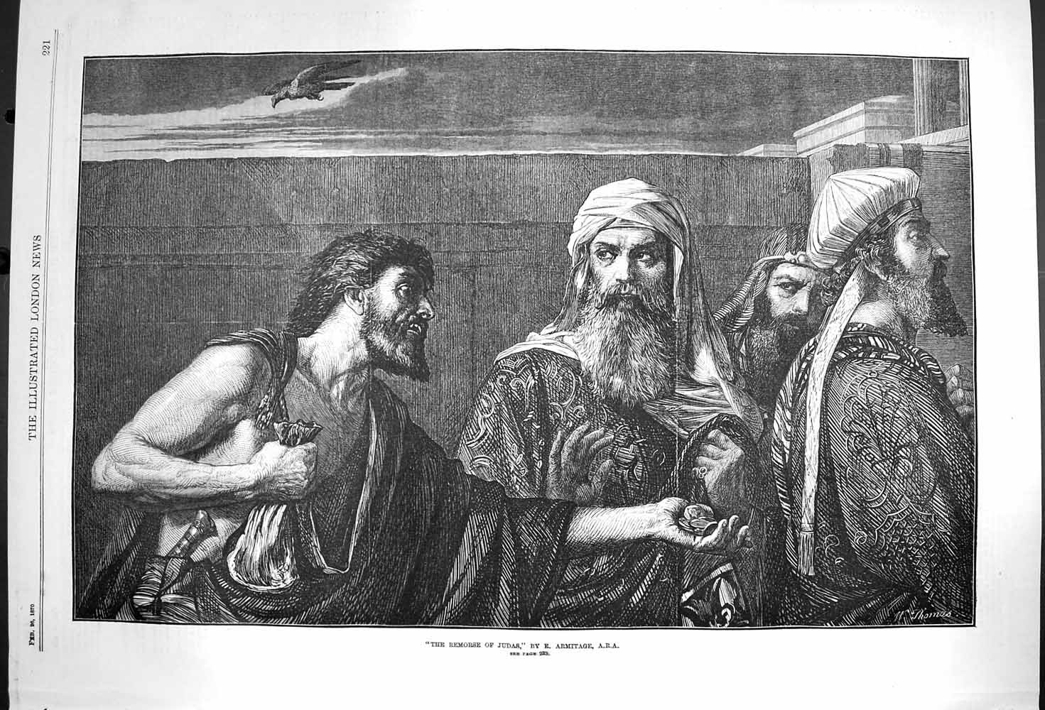 Original Old Antique Print 1870 Armitage Fine Art Scene Remorse Judas Victorian
