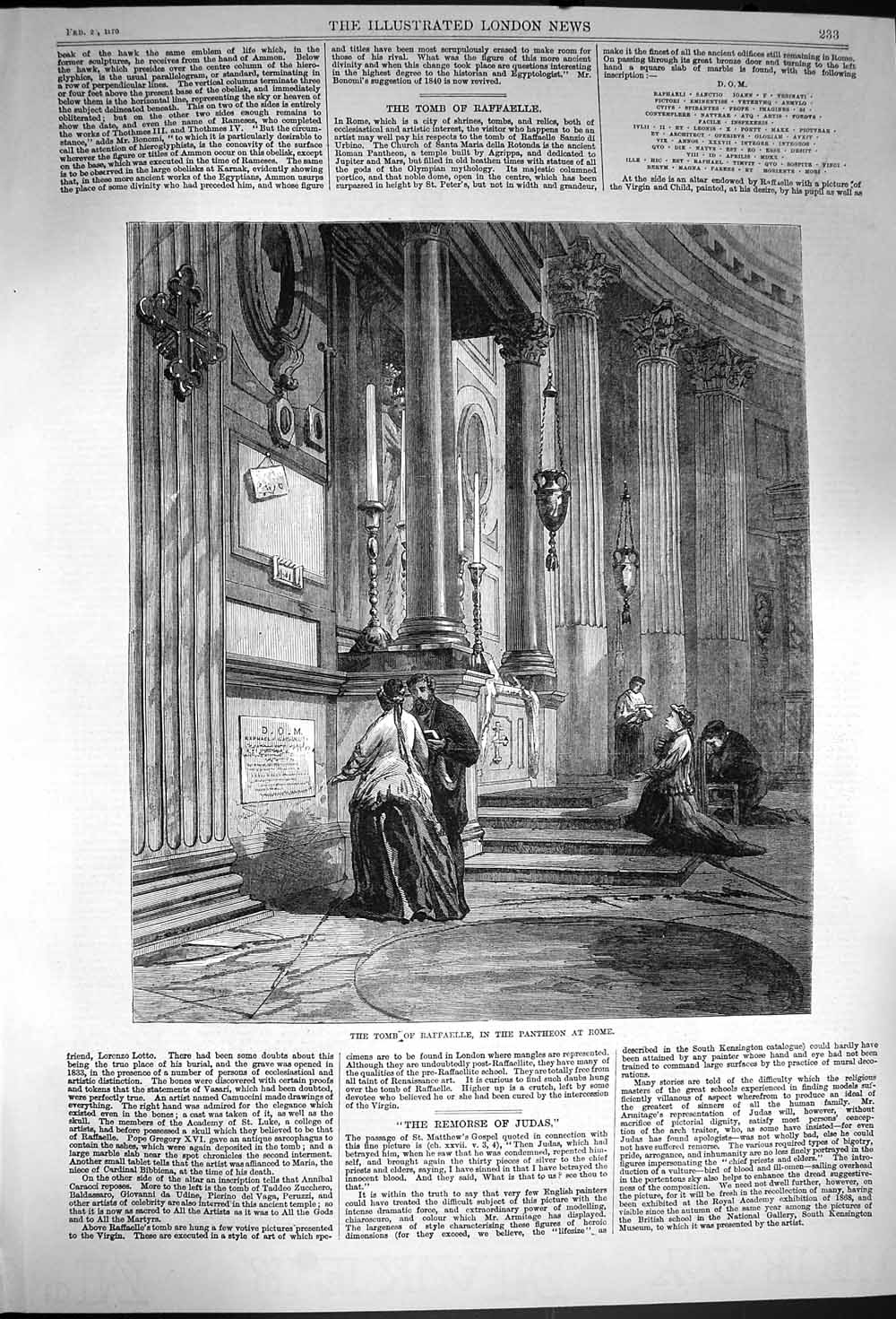 Original Old Antique Print 1870 Tomb Raffaelle Pantheon Rome Italy Victorian