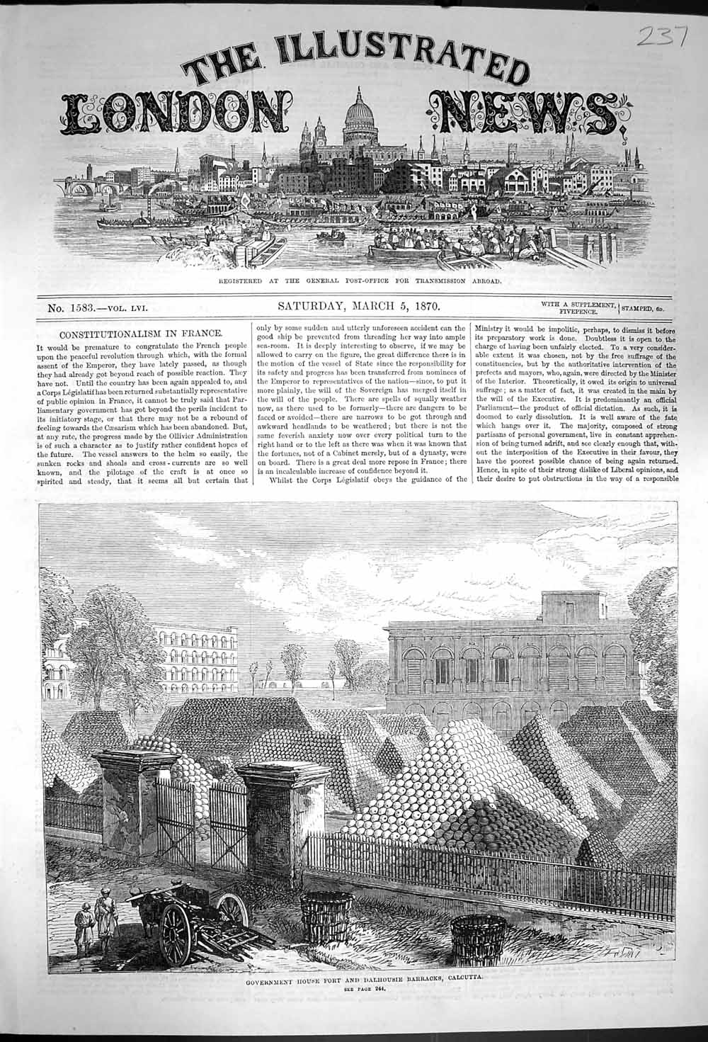 Antique Print *3637 1870 Government House Fort Dalhousie Barracks Calcutta