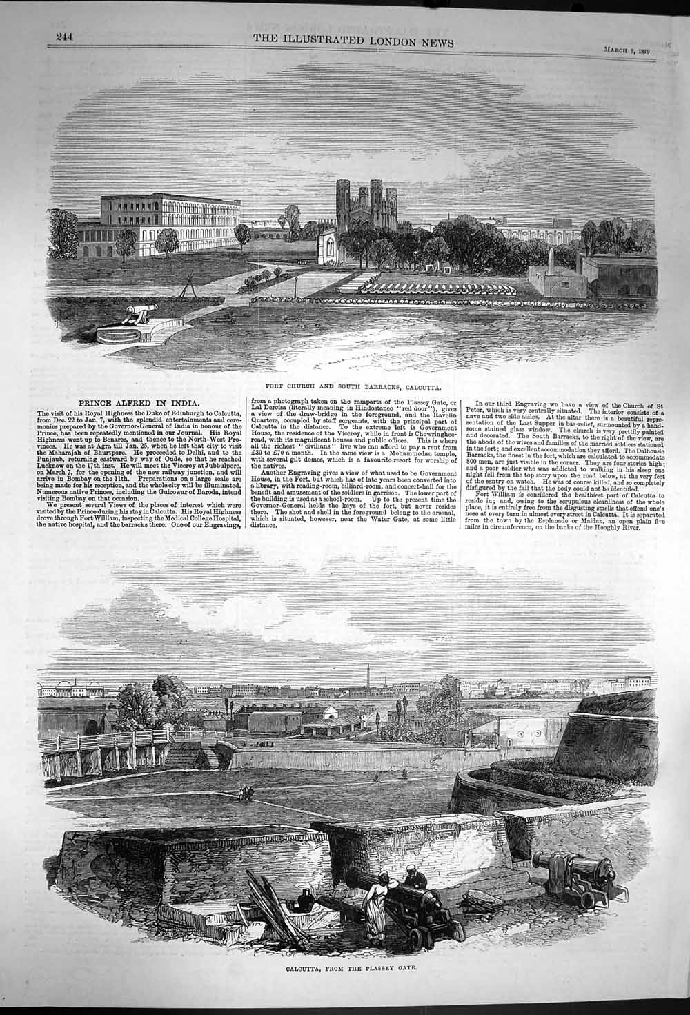 Old Antique Print 1870 Fort Church South Barracks Calcutta Plassey Gate 19th