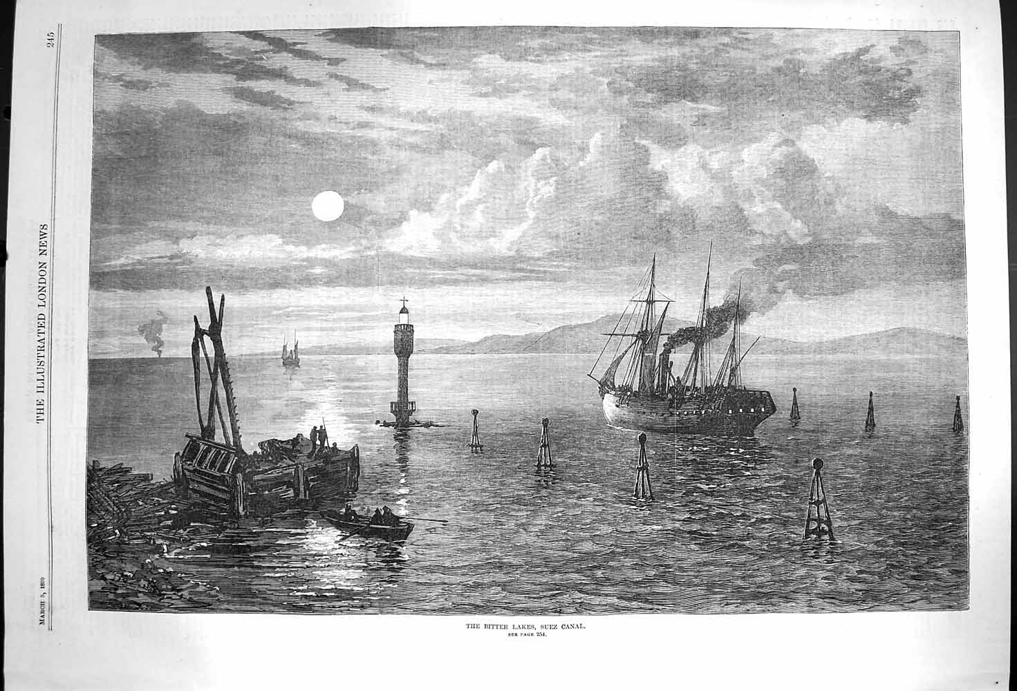 Original Old Antique Print 1870 Fine Art View Bitter Lakes Suez Canal Moonlight