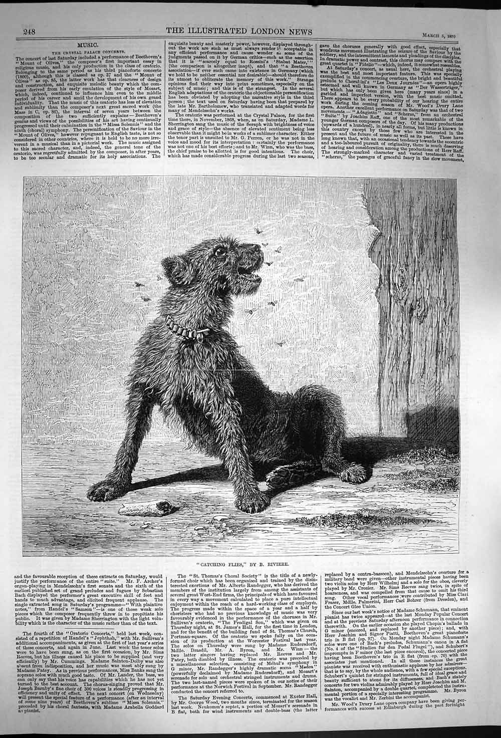 Original Old Antique Print 1870 Catching Flies Puppy Dog Riviere 19th