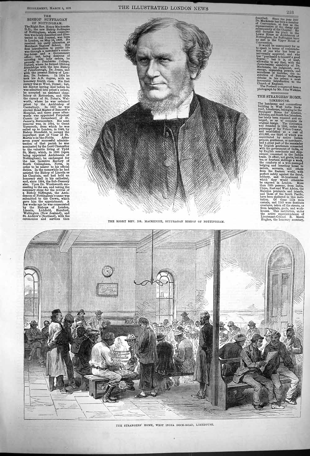 Old Antique Print 1870 Rev. Mackenzie Bishop Nottingham Stranger'S Home 19th