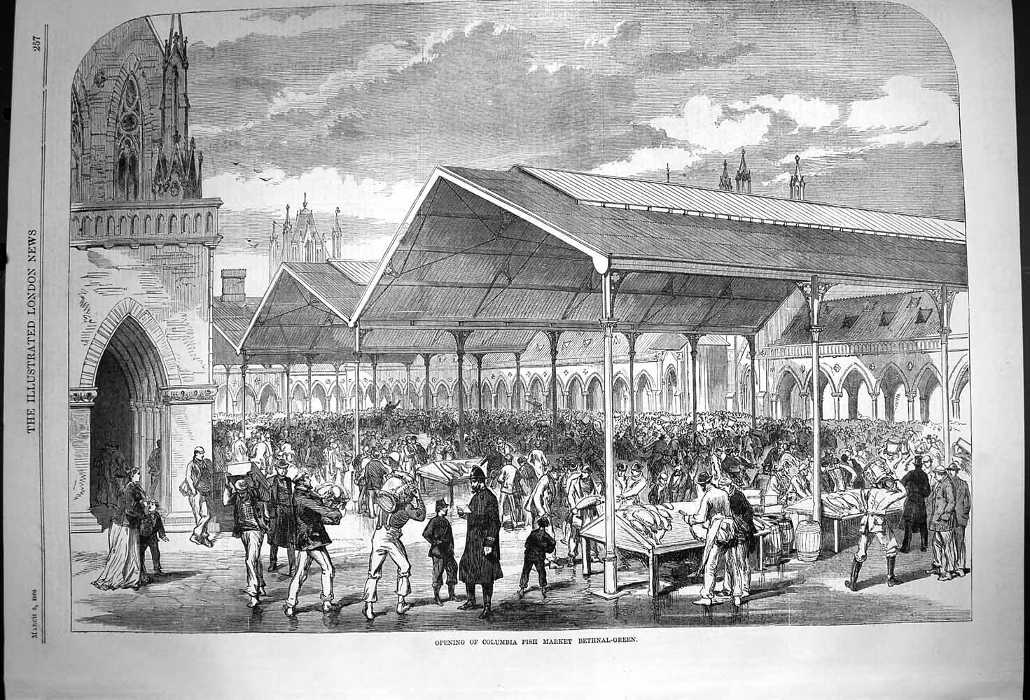 Original Old Antique Print 1870 Opening Columbia Fish Market Bethna Victorian