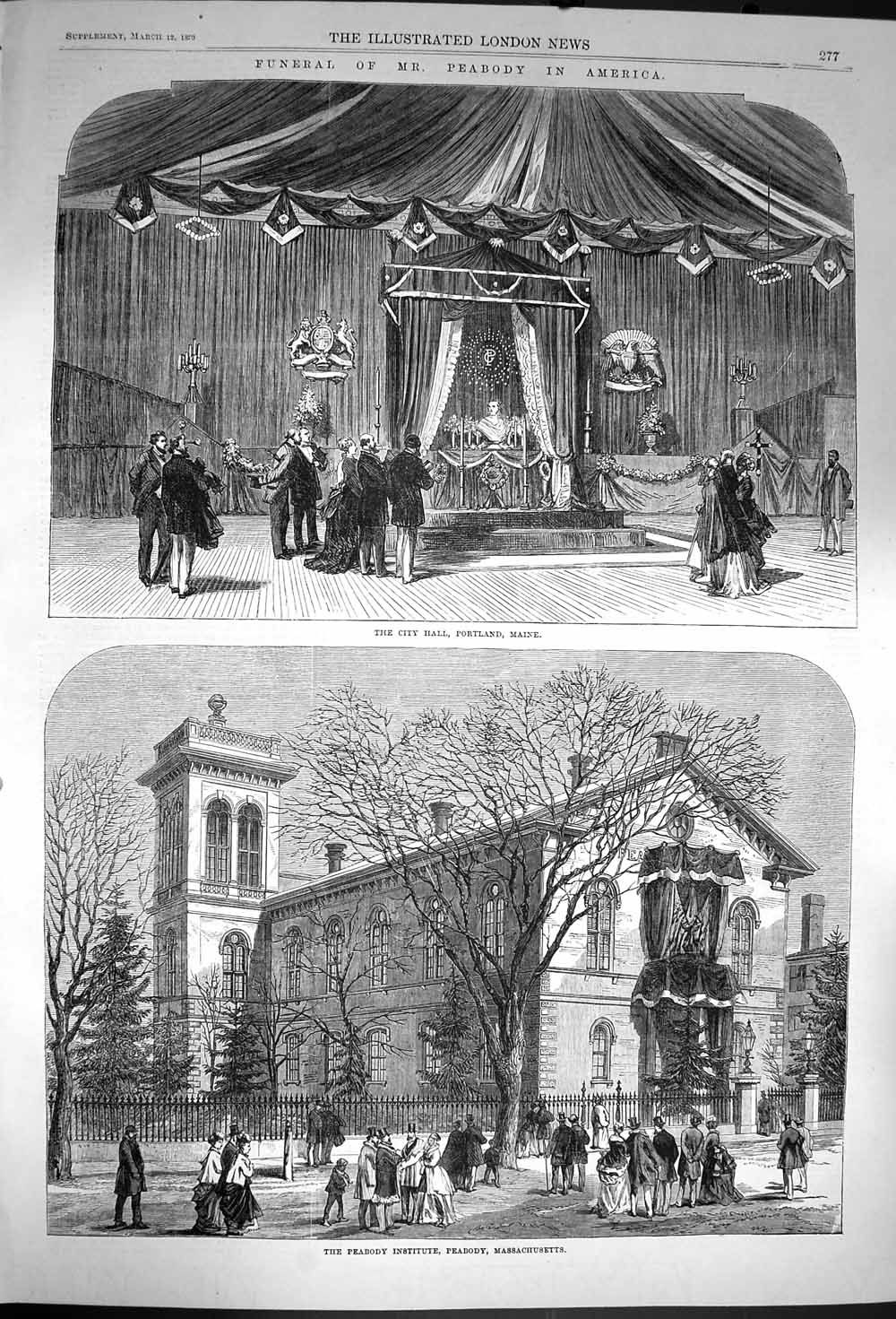 Old Antique Print 1870 City Hall Portland Maine Funeral Peabody America 19th