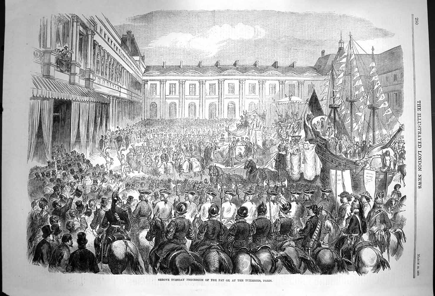 Old Antique Print 1870 Shrove Tuesday Procession Fat Ox Tuileries Paris 19th