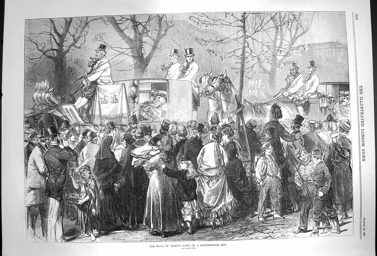 Antique Old Print *3638 1870 Scene Mall St. James Park Drawingroom Day Horses