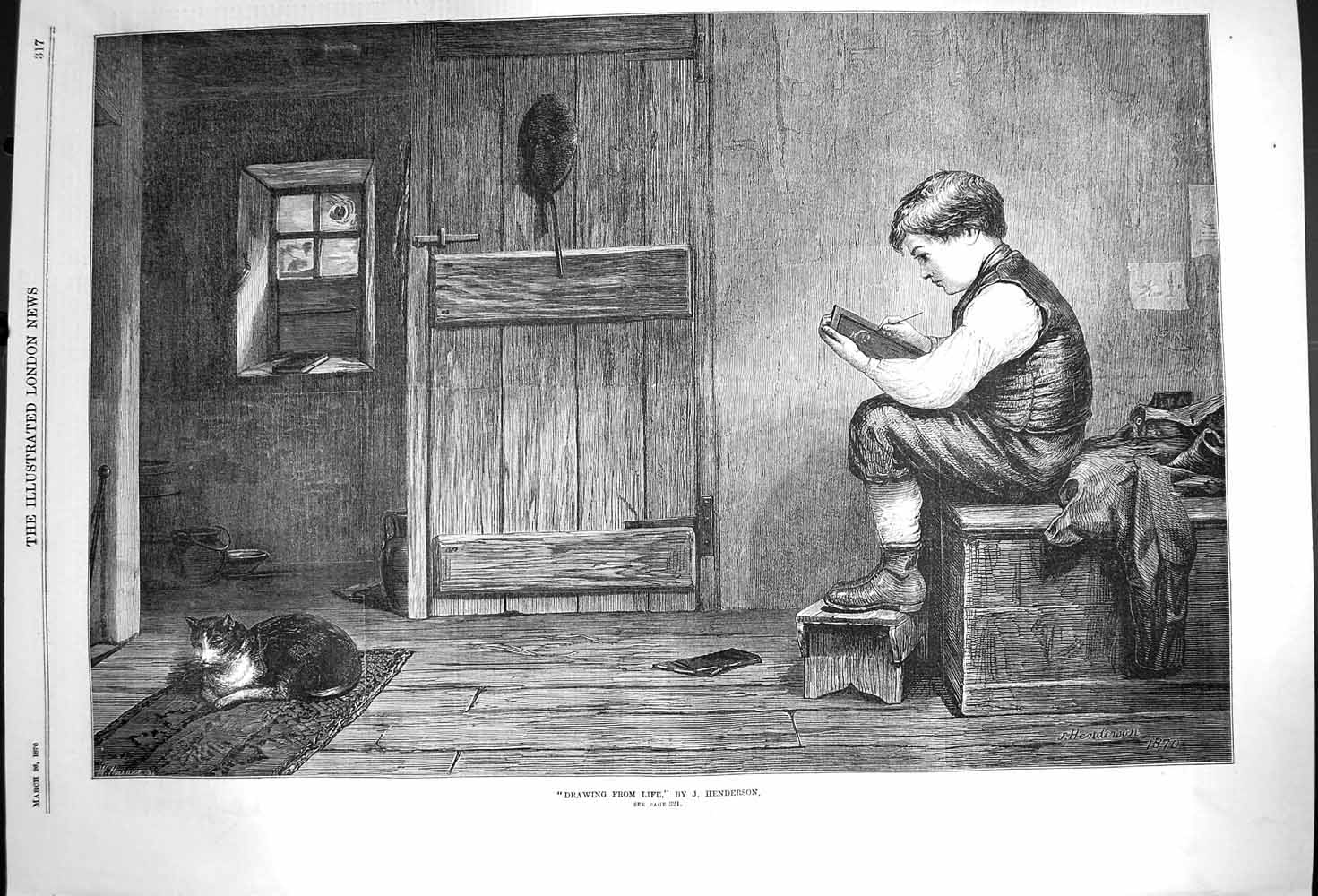 Original Old Antique Print 1870 Drawing Life Little Boy Artist Cat Henderson