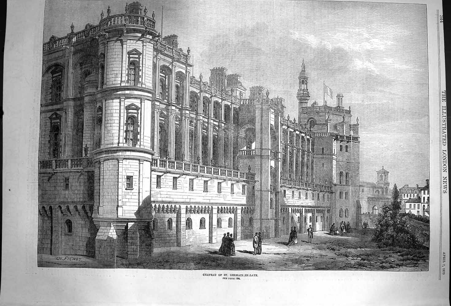 Old Antique Print 1870 Chateau St. Germain.En.Laye Building Architecture 19th