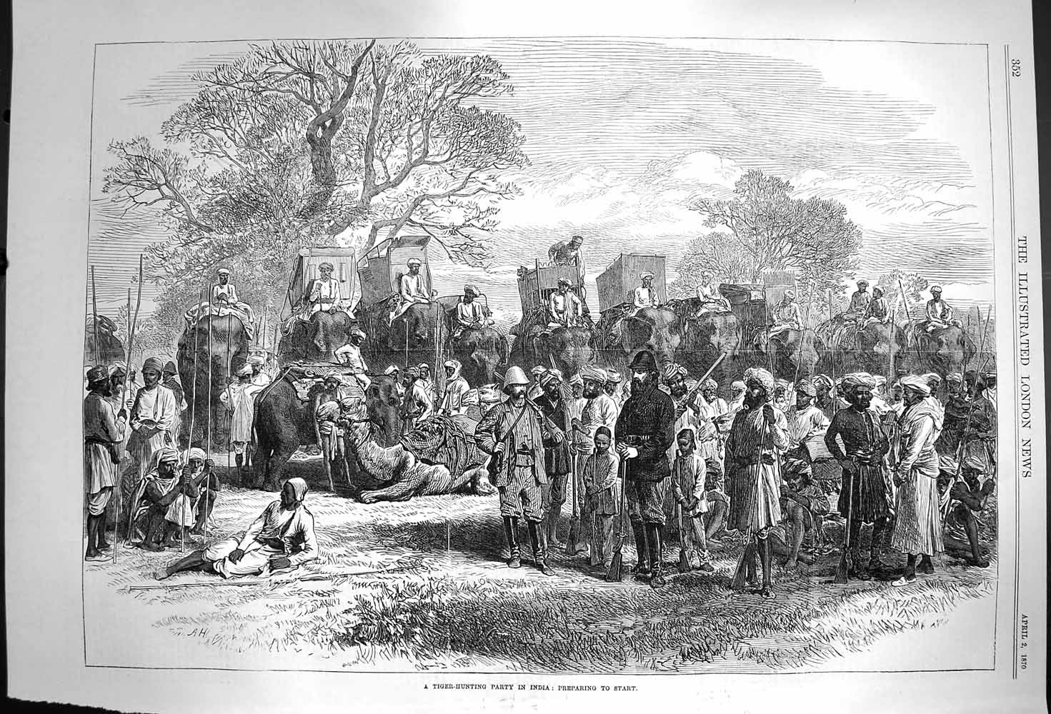 Original Old Antique Print 1870 Tiger Hunting Party India Elephants Sport S 19th