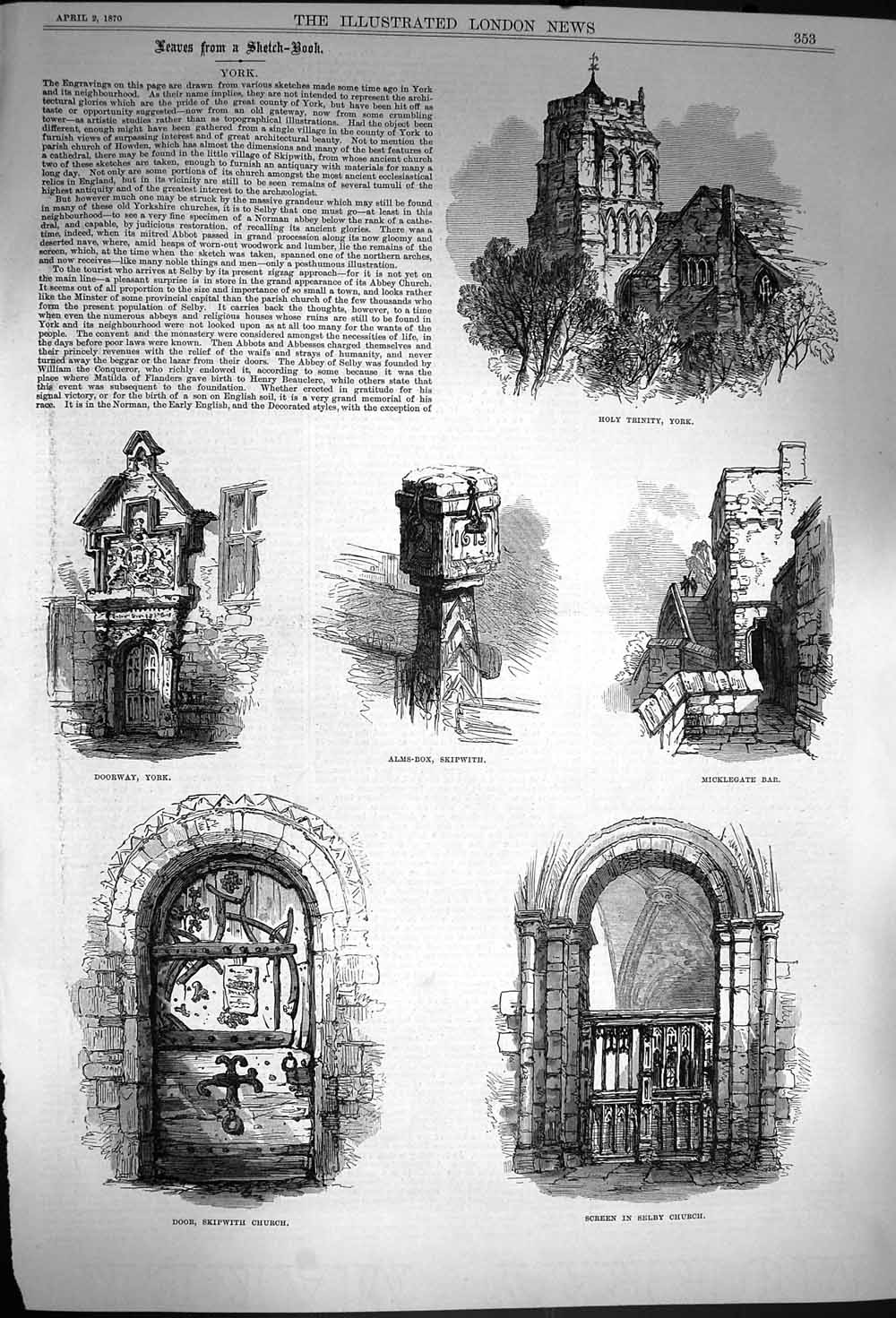 Original Old Antique Print 1870 York Holy Trinity Door Skipwith Selby Victorian