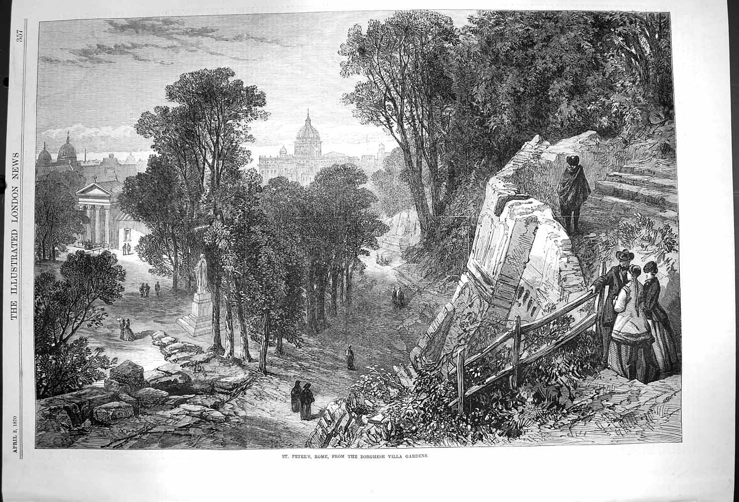 Original Old Antique Print 1870 St. Peters Rome Borghese Villa Gardens Fine Art