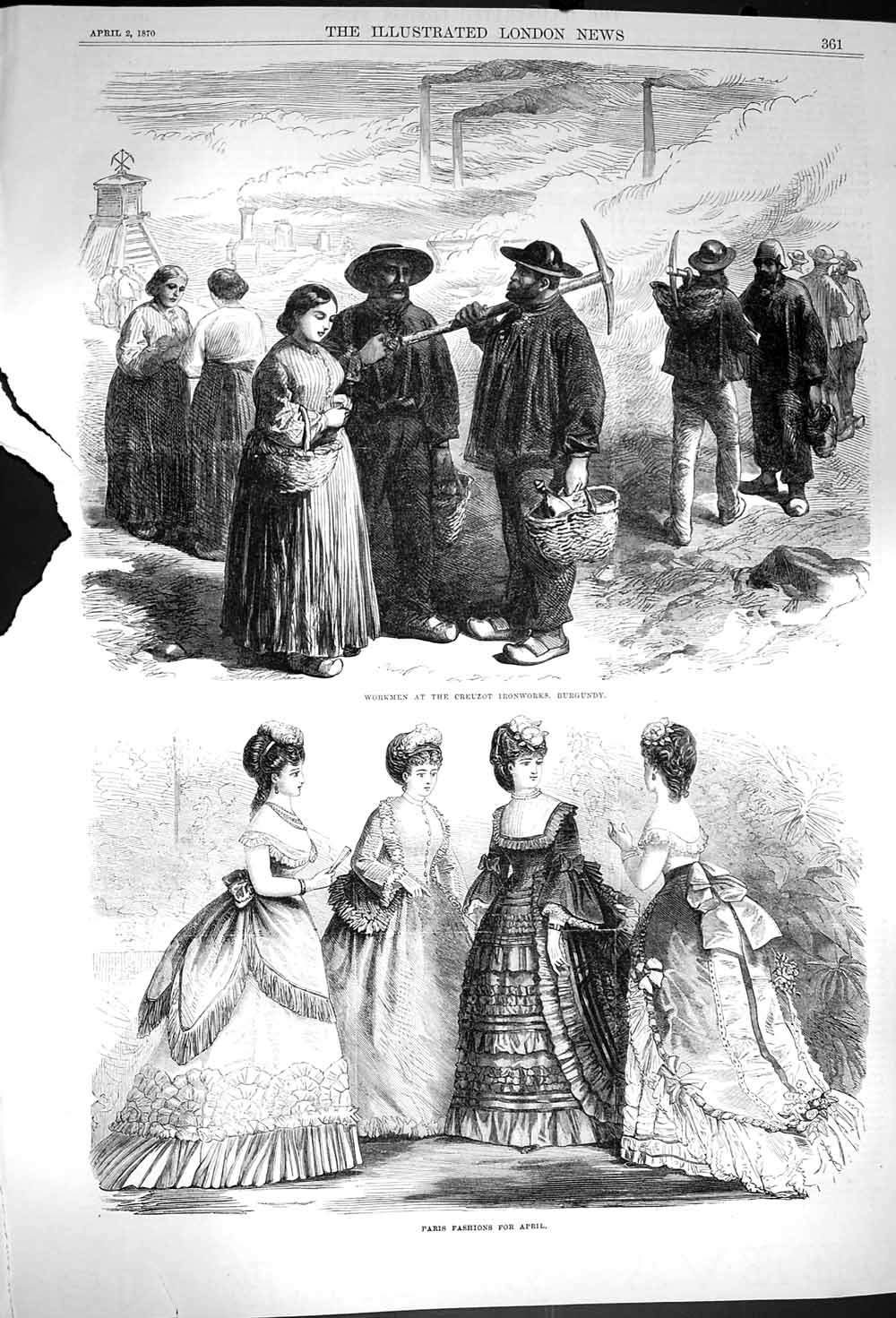 Old Antique Print 1870 Paris Fashion Workmen Creuzot Ironworks Burgundy 19th