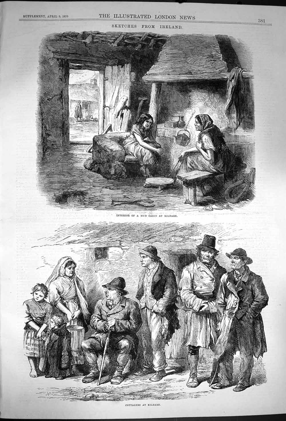 Original Old Antique Print 1870 Ireland Interior Mud Cabin Kildare Cottagers