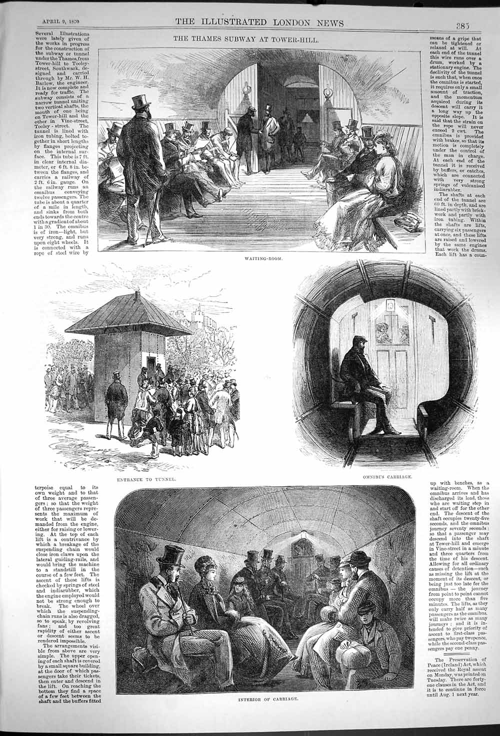 Original Old Antique Print 1870 Thames Subway Tower Hill London Omnibus C 19th