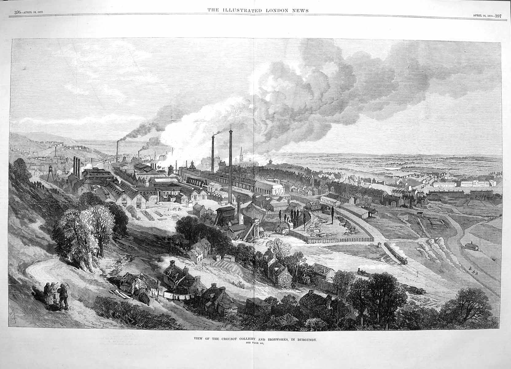 Original Old Antique Print 1870 View Creuzot Colliery Ironworks Burgundy 19th