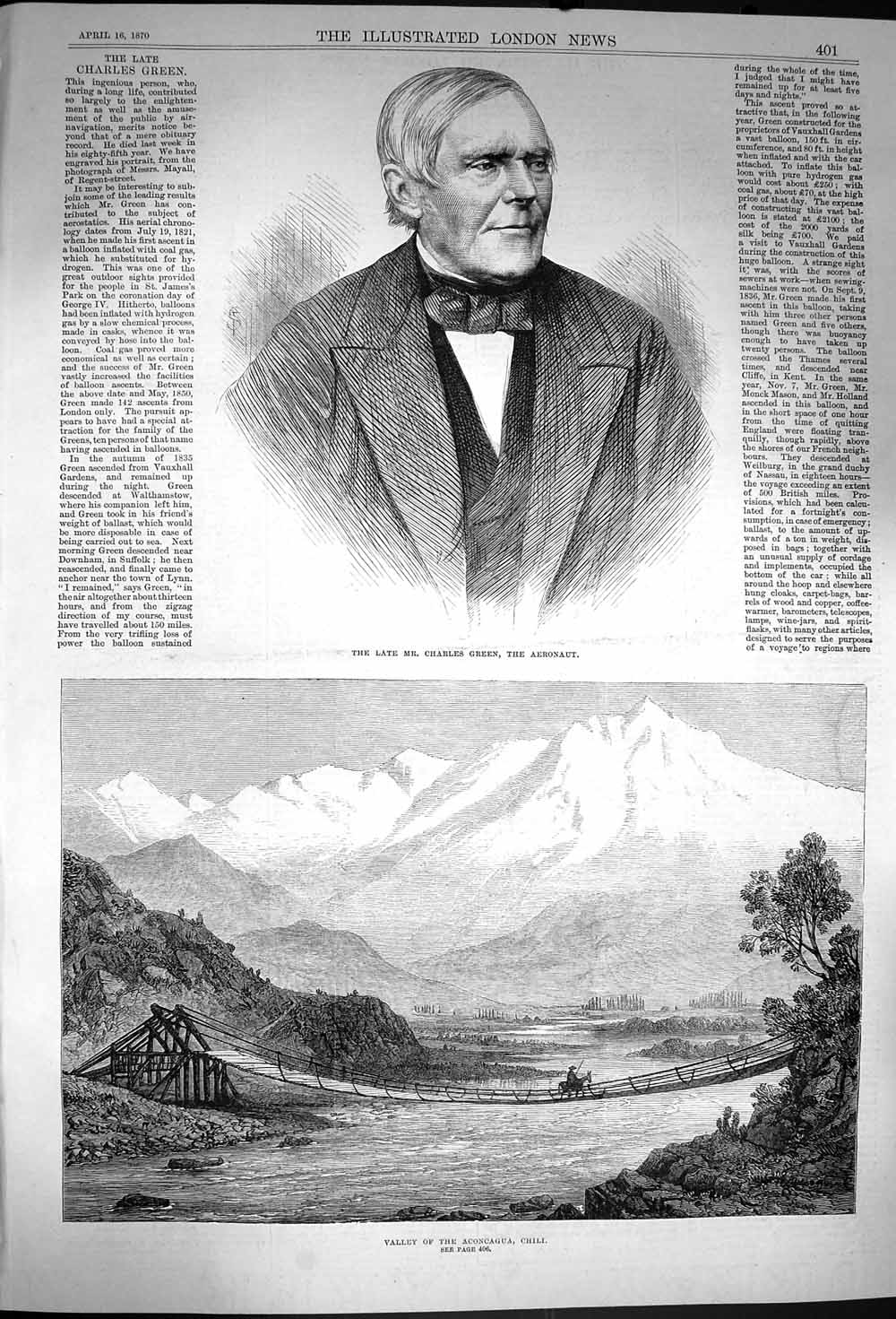 Original Old Antique Print 1870 Charles Green Aeronaut Valley Aconcagua Chili