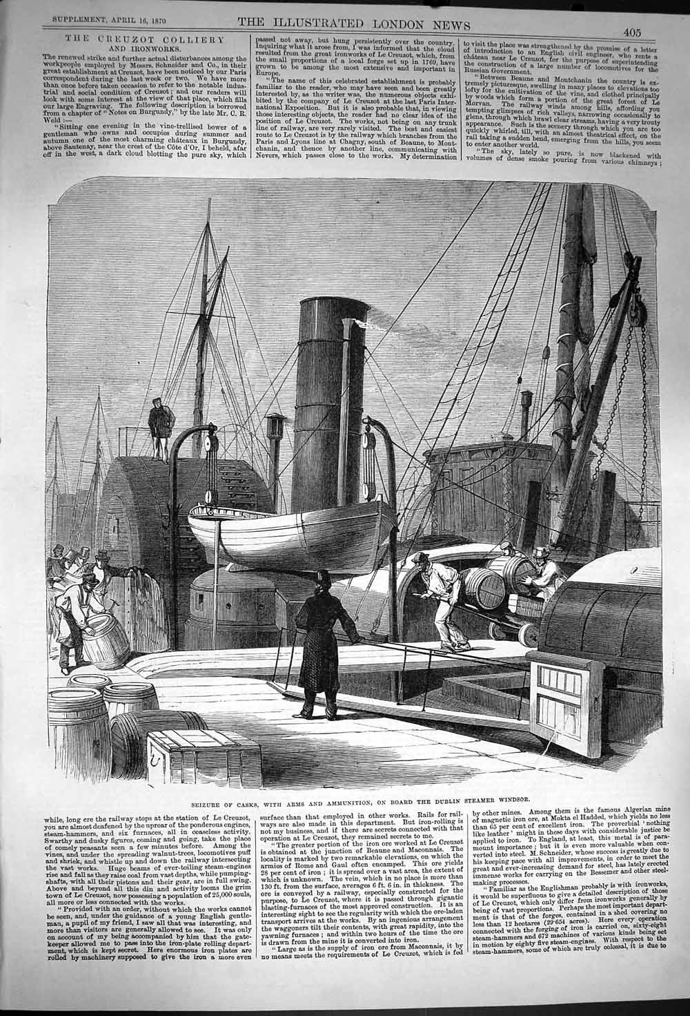 Old Antique Print 1870 Seizure Casks Arms Ammunition Dublin Ship Windsor 19th