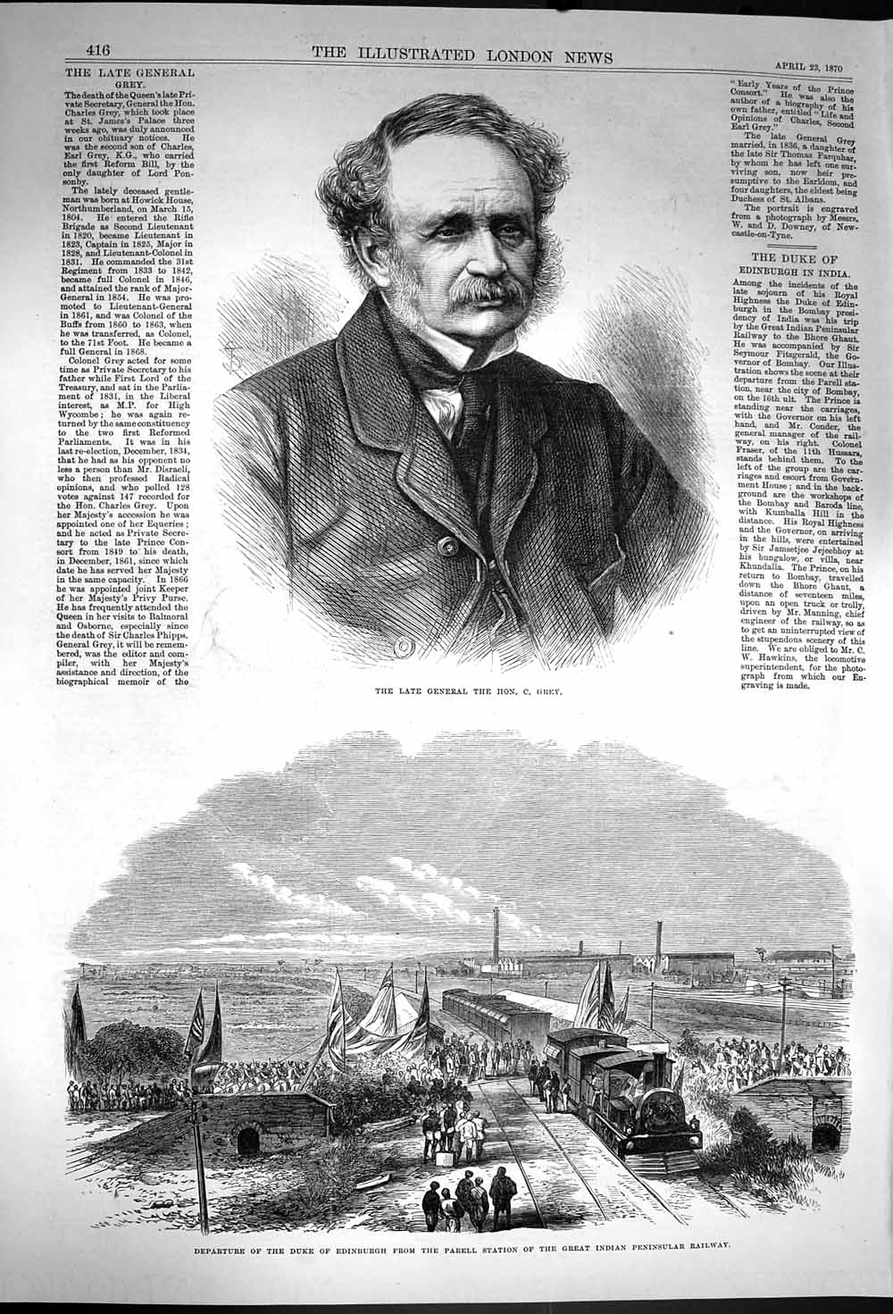 Old Antique Print 1870 General Grey Duke Edinburgh Parell Station Railway 19th