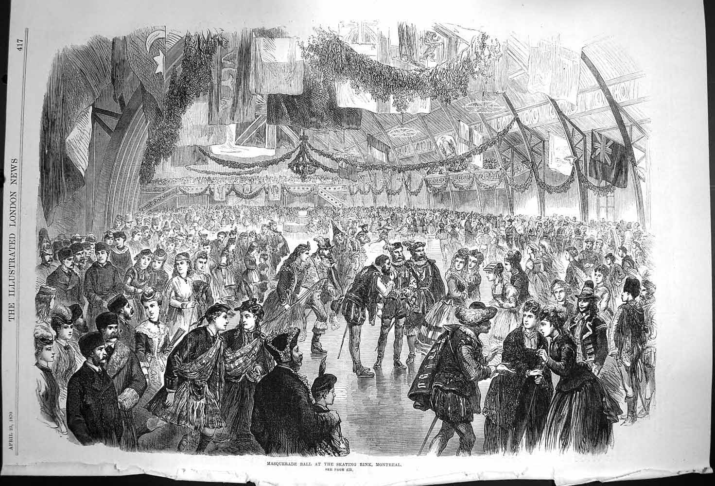 Old Antique Print 1870 Masquerade Ball Ice Skating Rink Montreal Canada 19th