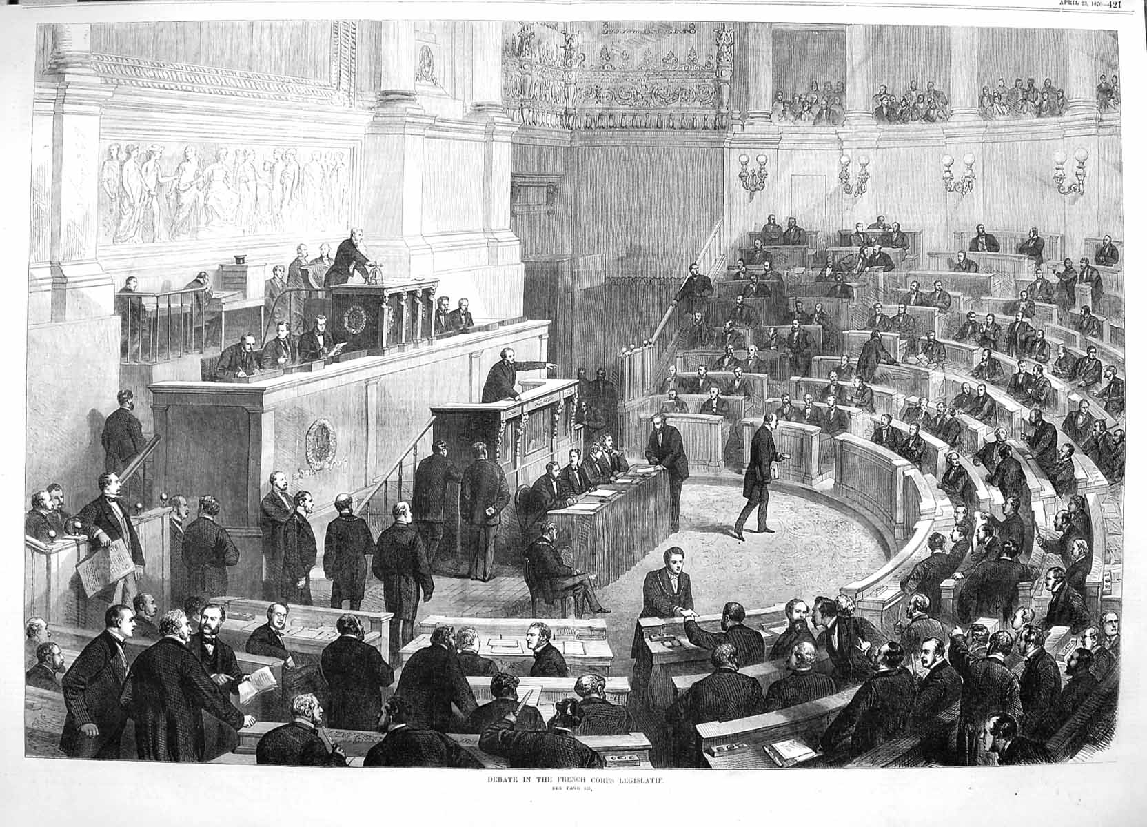 Original Old Antique Print 1870 Fine Art Debate French Corps Legislatif 19th