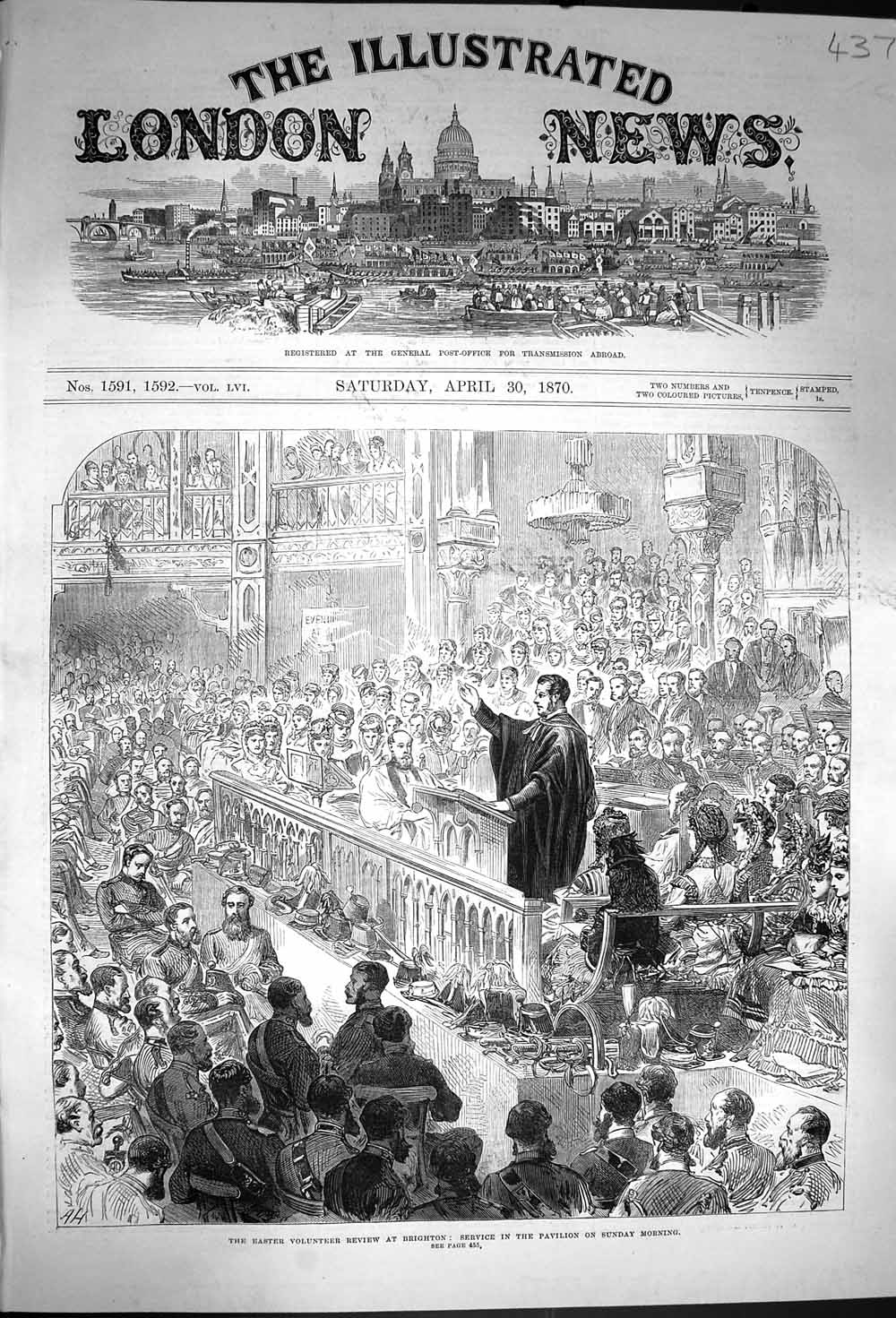 Original Old Antique Print 1870 Easter Service Pavilion Brighton Sunday Morning