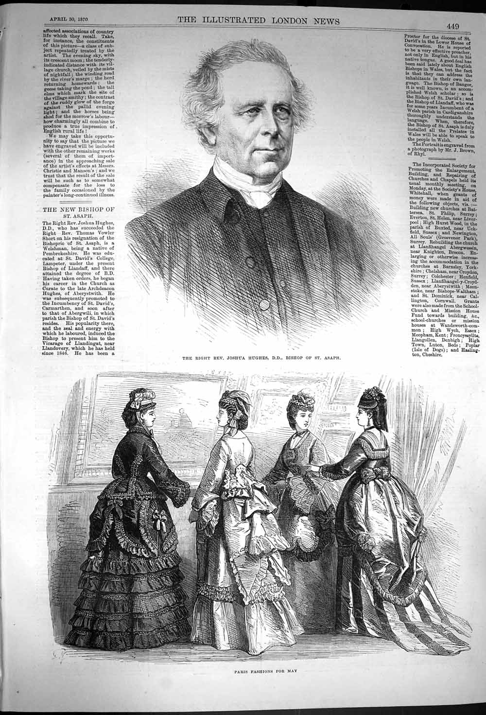 Original Old Antique Print 1870 Joshua Hughes Bishop Asaph Paris Fashion May