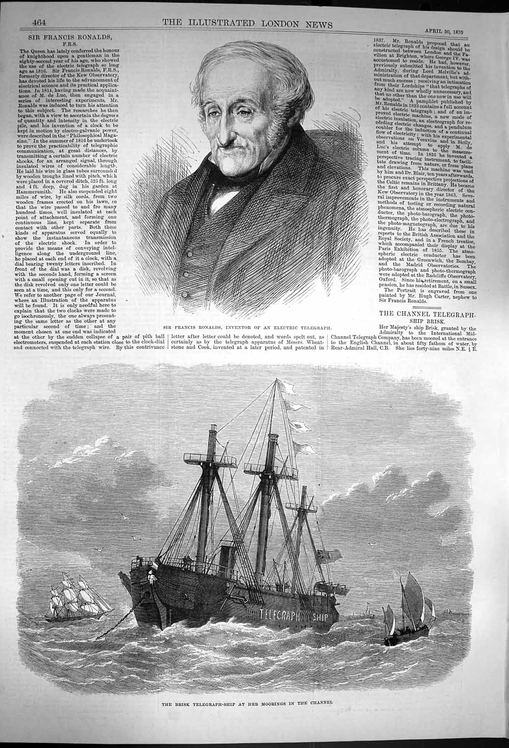 Original Old Antique Print 1870 Francis Ronalds Inventor Brisk Telegraph Ship