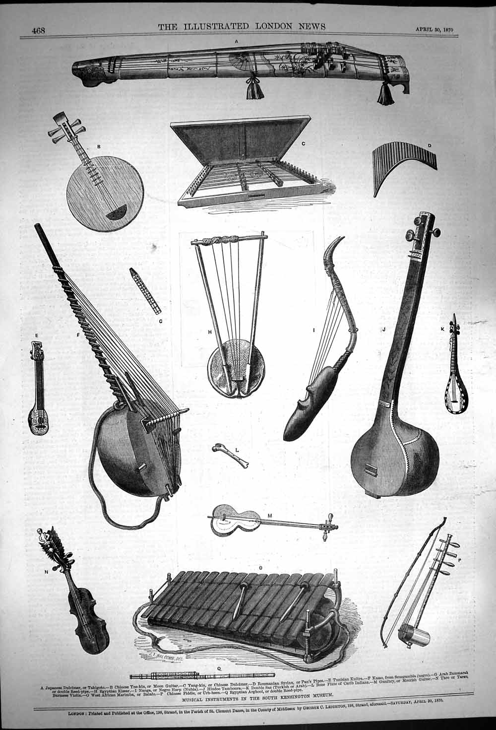 Original Old Antique Print 1870 Musical Instruments Kensington Museum Guit 19th