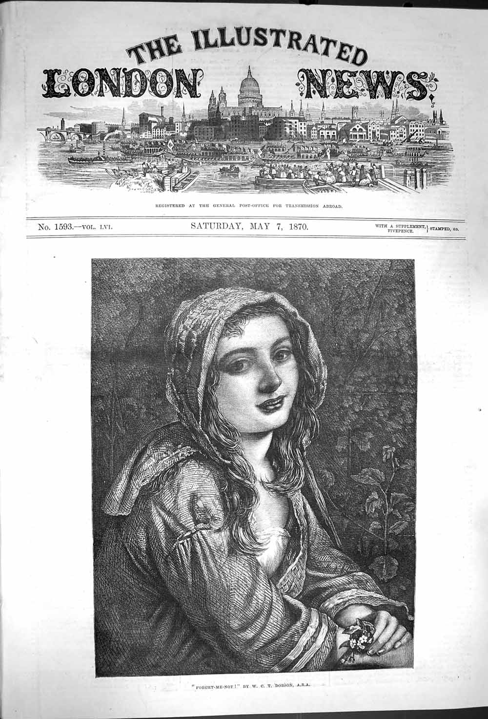Old Antique Print 1870 Forget-Me-Not Portrait Beautiful Young Girl Dobson 19th