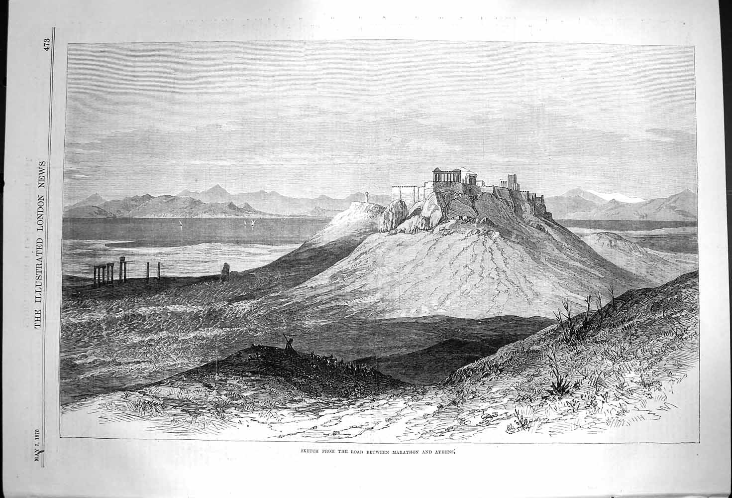 Original Old Antique Print 1870 Plains Marathon Athens Italy Mountains 19th