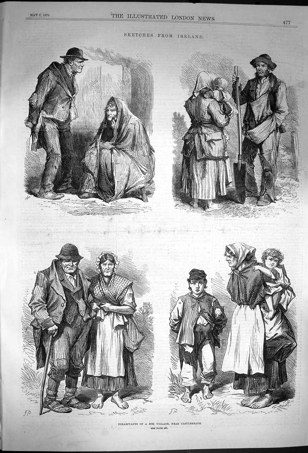 Old Antique Print 1870 Ireland Inhabitants Bog Village Castlereagh People 19th