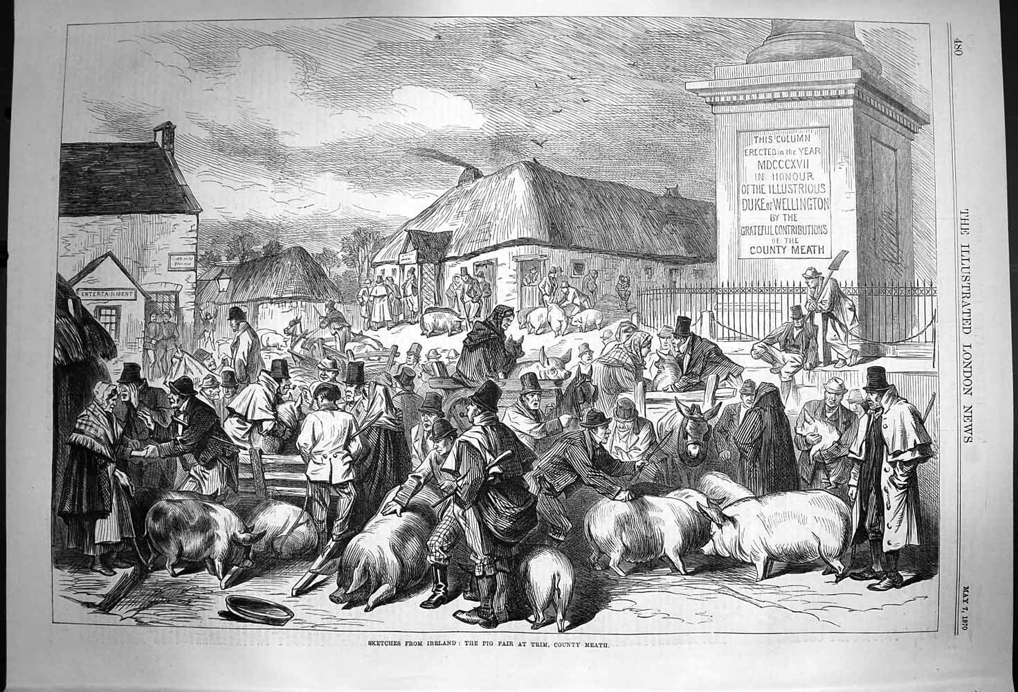 Original Old Antique Print 1870 Ireland Scene Pig Fair Trim County Meath 19th