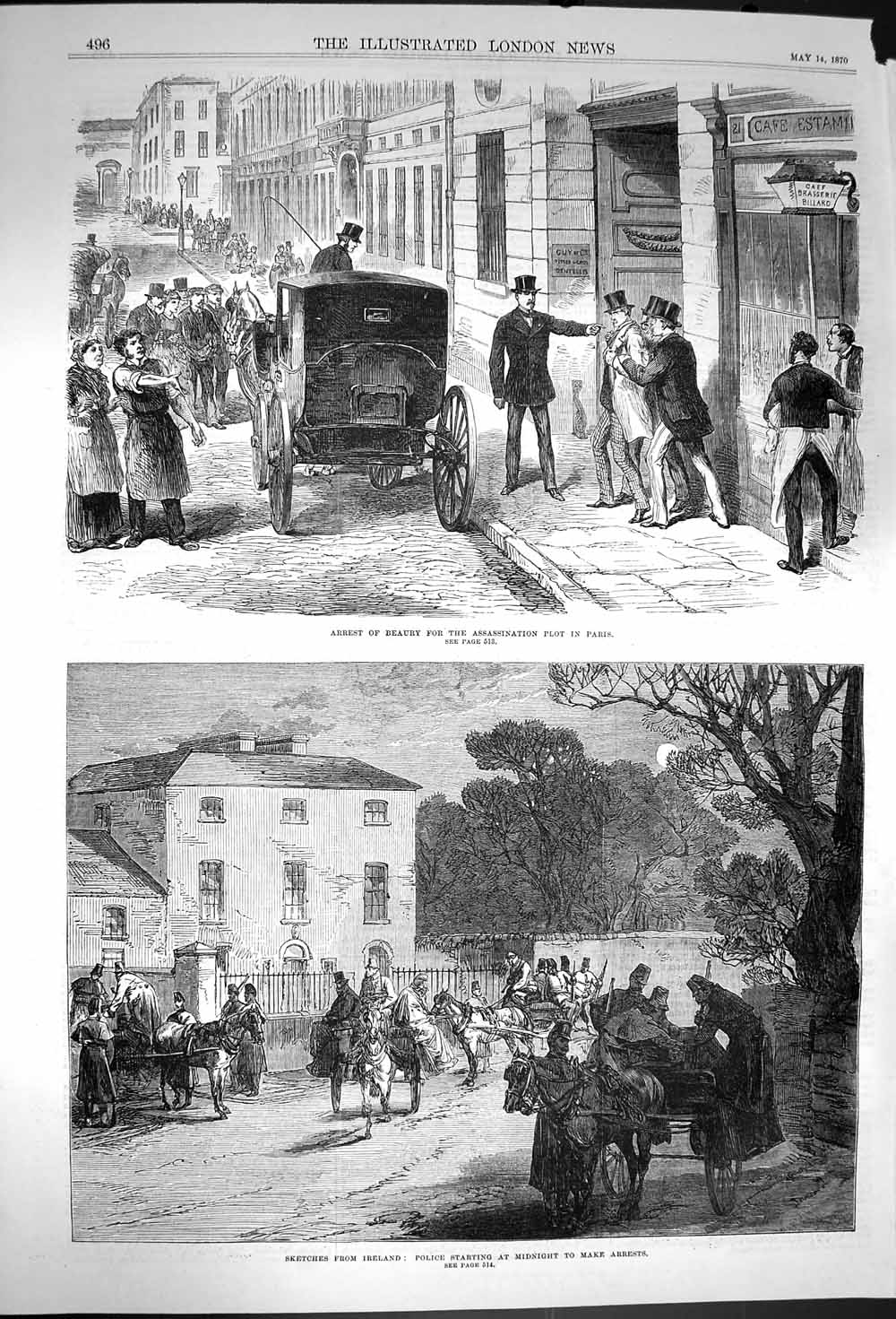 Old Antique Print 1870 Arrest Beaury Assassination Paris Ireland Police 19th