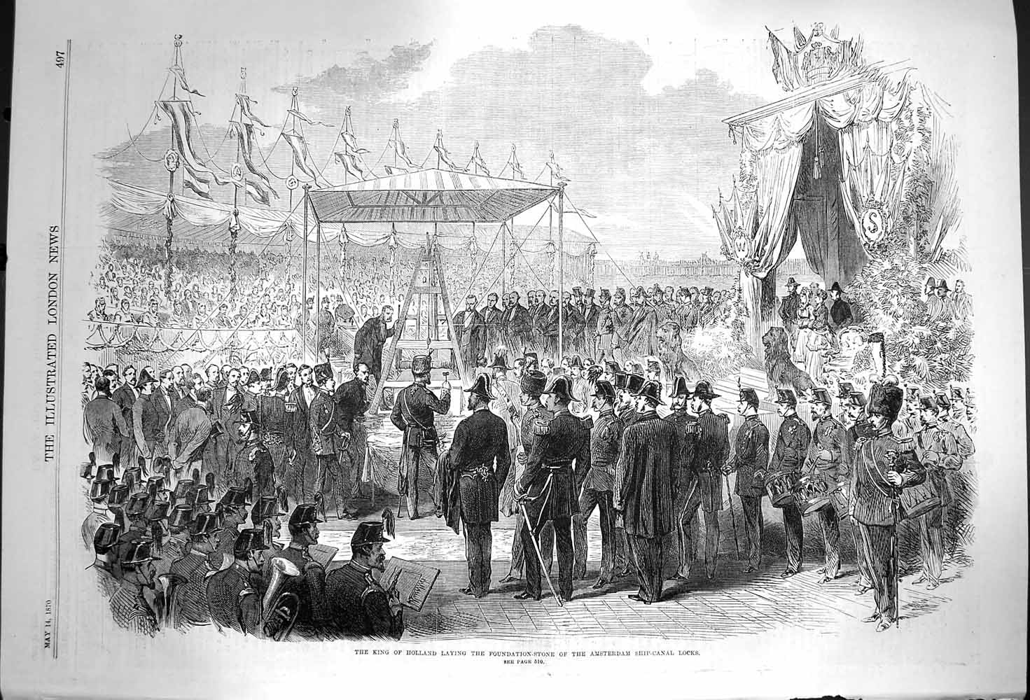 Old Antique Print 1870 King Holland Foundation Amsterdam Ship-Canal Locks 19th
