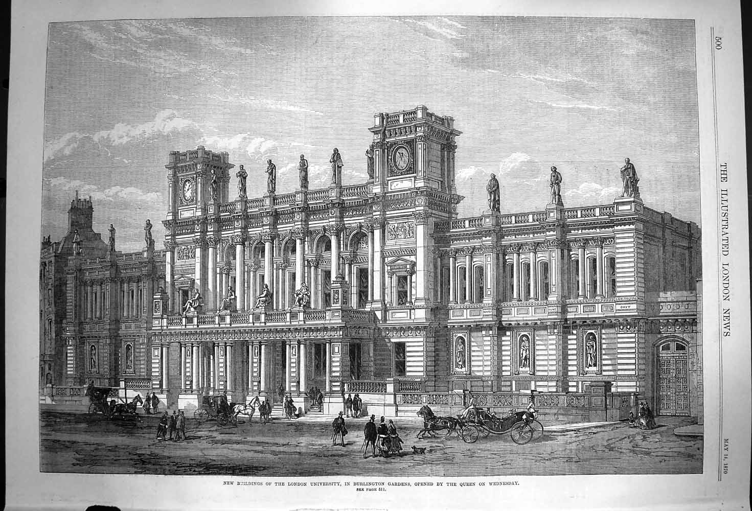 Original Old Antique Print 1870 Buildings London University Burlington Gardens