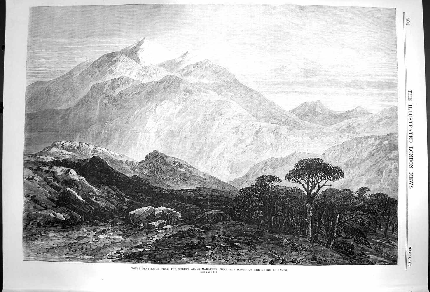 Old Antique Print 1870 Mount Pentelicus Marathon Mountains Greek Brigands 19th