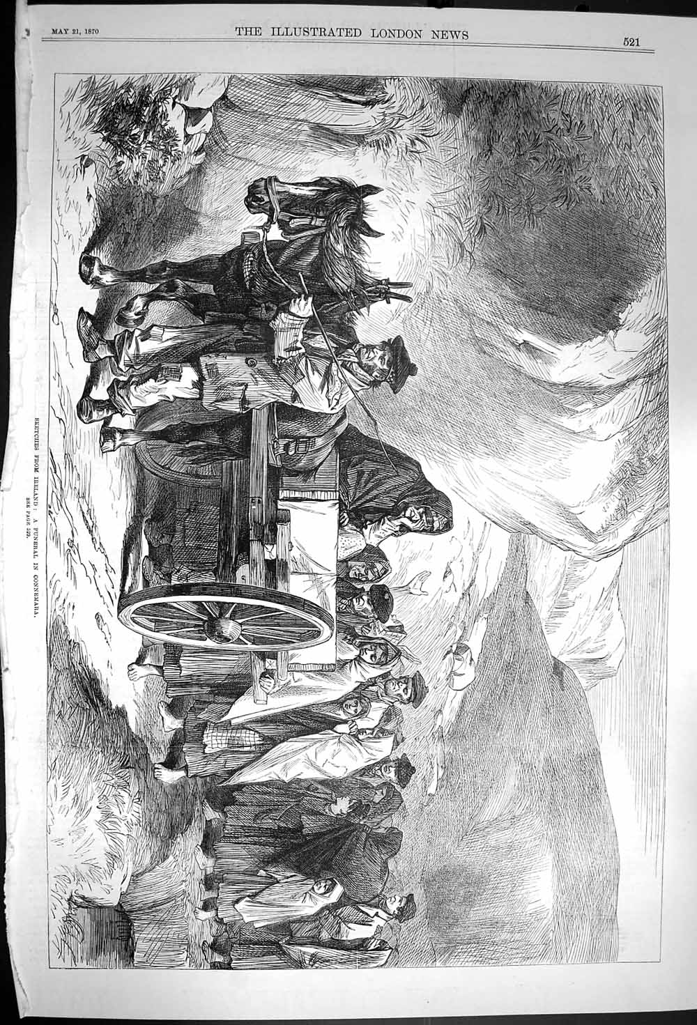 Original Old Antique Print 1870 Scene Ireland Funeral Procession Connemara 19th
