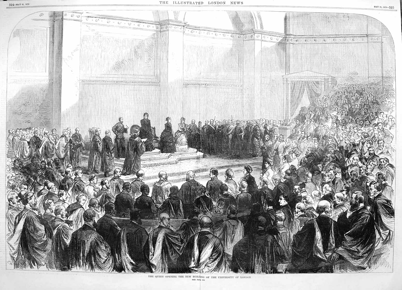 Original Old Antique Print 1870 Queen Opening Building University London 19th