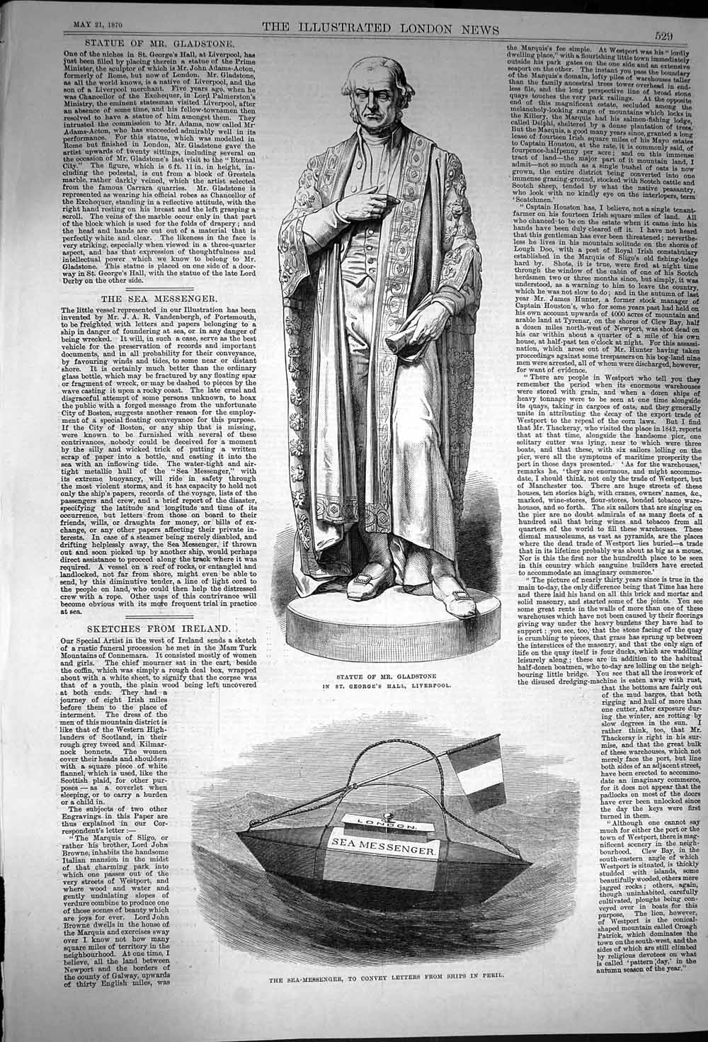 Original Old Antique Print 1870 Statue Gladstone Liverpool Sea-Messenger Ships