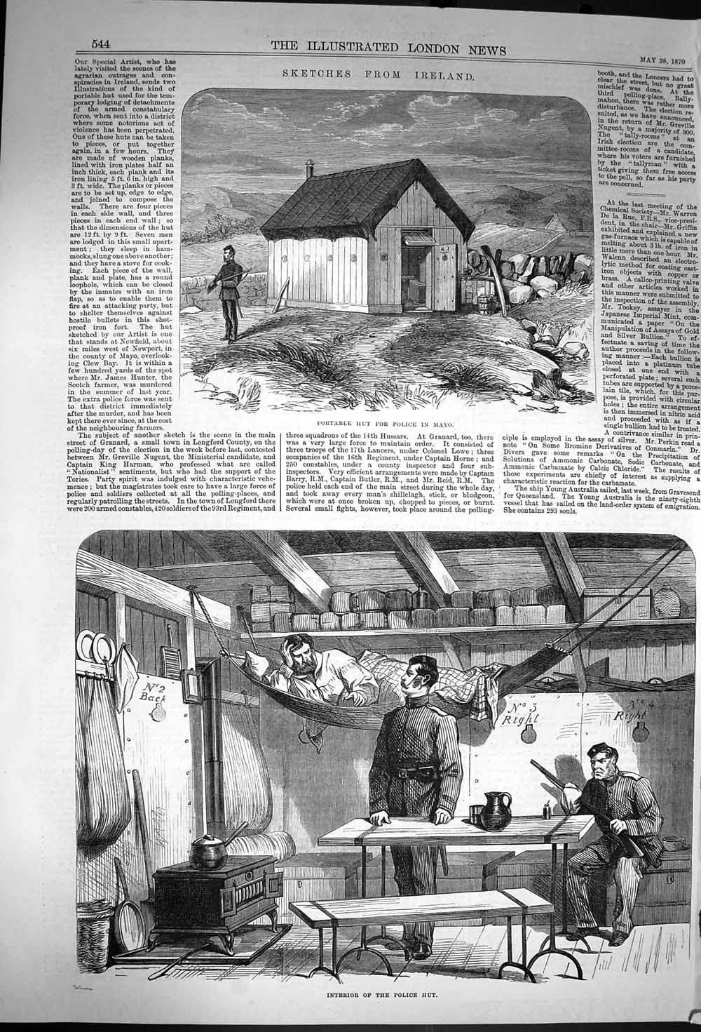 Original Old Antique Print 1870 Interior Portable Hut Police Mayo Victorian