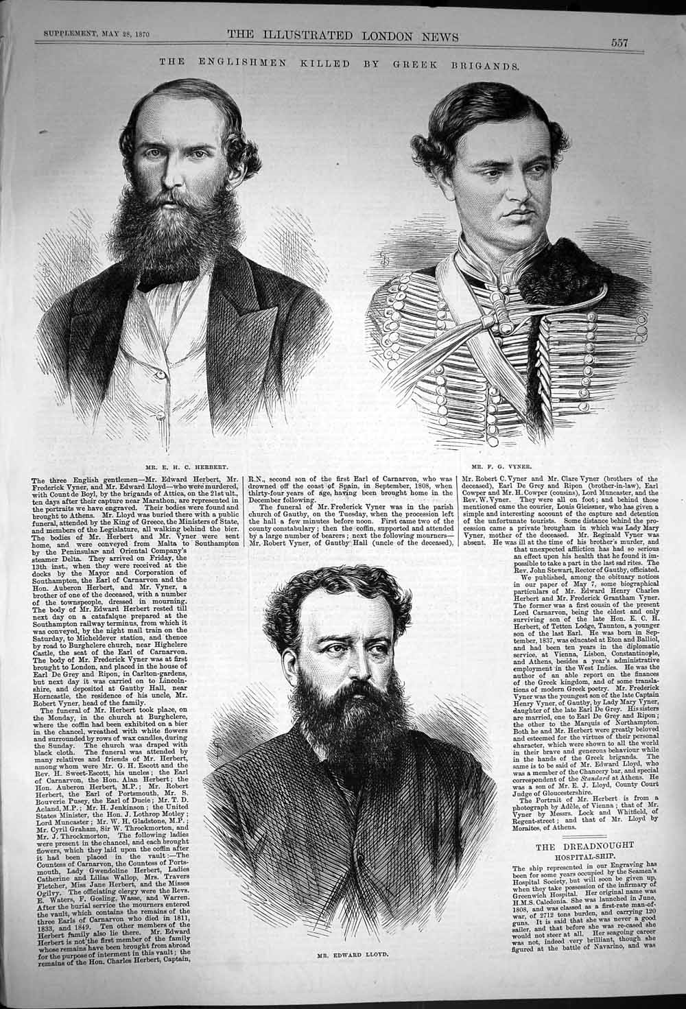 Original Old Antique Print 1870 Herbert Vyner Lloyd Englishmen Killed Greek