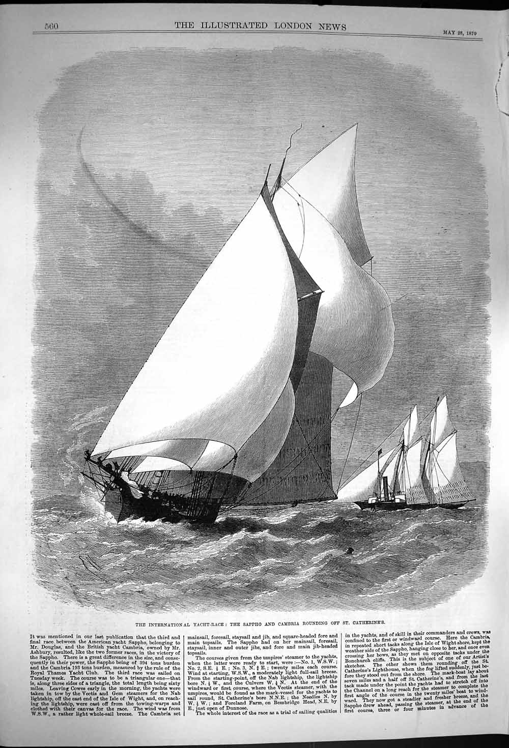 Original Old Antique Print 1870 Yacht Race Sappho Cambria St. Catherine'S 19th
