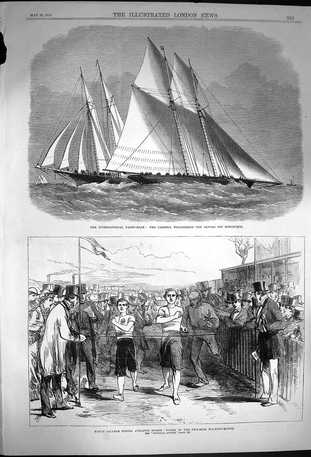 Old Antique Print 1870 Yacht Race Cambria Sappho King'S College Athletics 19th