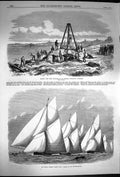 Original Old Antique Print 1870 Cutter Match Yachts Capstone Cromlech Guernsey