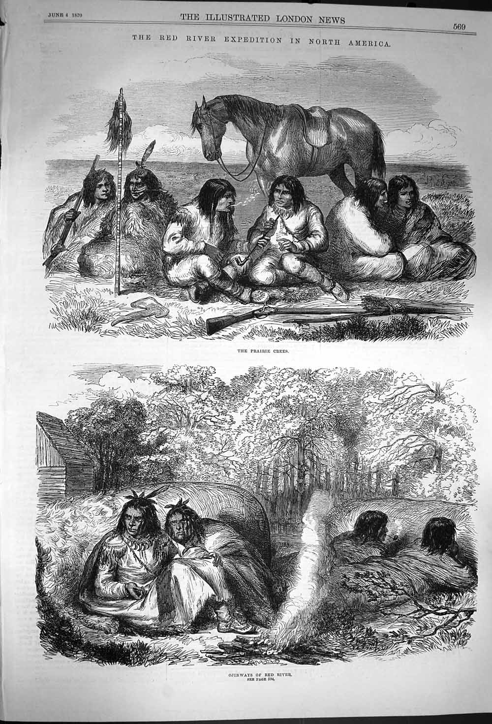 Original Old Antique Print 1870 Red River North America Prairie Crees Ojibways